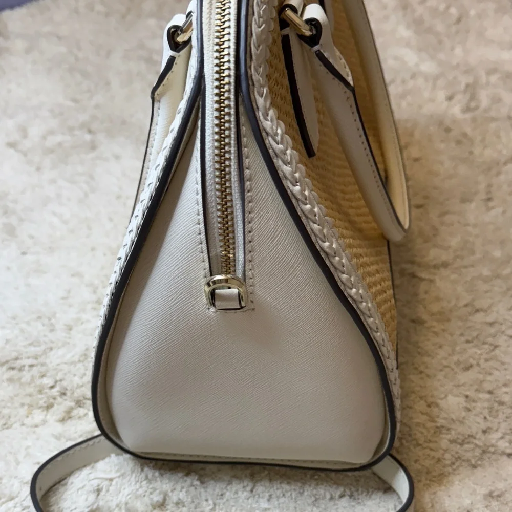 Kate Spade Reiley Straw Dome Satchel Tan and White